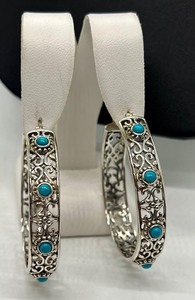 lot 62 image: Gorgeous Pair of Sterling and Turquoise Hoop Earrings