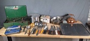 lot 156 image: Assorted Kitchen and Camping Items Vintage Coleman Camp Stove, Copper Kettle, Pampered Chef Meat Tenderizer, Corell Gravy Boat and Much More R