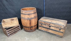 lot 157 image: Vintage Wood Chest, Barrel and Crates R
