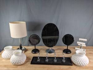 lot 180 image: Milk Glass Hurricane Lamp Shades, Jewelry Displays, Hook Wall Mount Rack, Vanity Mirrors, and Table Lamp R