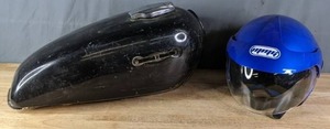 lot 165 image: Black Locking Motorcycle Fuel Tank and Blue MMG Motorcycle Helmet Size M  R