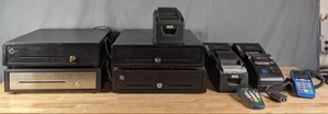 lot 166 image: Cashier Lot Chase Credit Card Pin Pad, (4) Cash Drawers, (4) Point of Sale Receipt Printers (ECH, Benseron, CSS), and More  R