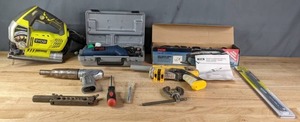 lot 160 image: Mixed Tool Lot  Ryobi Detail Sander, Ryobi Dremel Tool, Ryobi Jig Saw, Flaring Tool, Hole Boring Clamp, Pneumatic Tool, and More  R