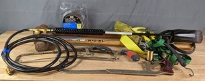 lot 161 image: Mixed Tool Lot  Propane Torch Weed Burner, Cobra Drain Pipe Auger, Cross Peen Hammers, Hand Saws, Straps, And More    R
