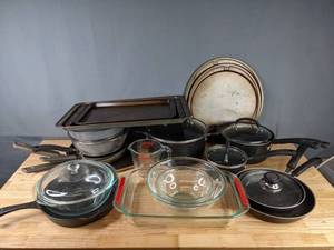 lot 203 image: A Collection of Various Cookware Including Pyrex and Cast Iron  H
