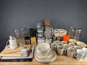 lot 205 image: Mr Coffee Bean Grinder, Mugs, Plates, Bowls, Canisters, Glasses, Cutting Board and More  H