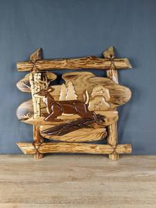 lot 201 image: Rustic Deer Woodland Creek Wood Art  H