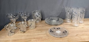 lot 202 image: Collection of Beautiful Clear with Blue Fish Glasses, Plates and Bowls  H