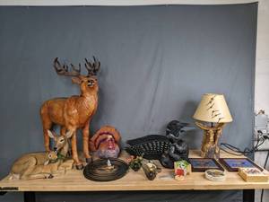 lot 209 image: Deer Figurines, Turkey Figurine, Moose in a Log Lamp, Duck Figurines, Bear Wine Holder and More H