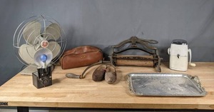 lot 107 image: Hand Wrought by Rodney Kent Tray, Vintage General Electric Fan, Vintage Kodak Brownie Flash Six-20 Camera, Antique Wringer The Prize By United States Wringer Co., Ice-O-Mat and More K