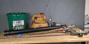 lot 111 image: Assortment of 5 Gallon Heated Flat-Back Bucket, Fishing Reels and Fishing Accessories K