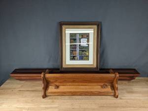 lot 112 image: Long Wood Shelf and He Who Has A Garden and A Library Wants For Nothing Framed Picture K