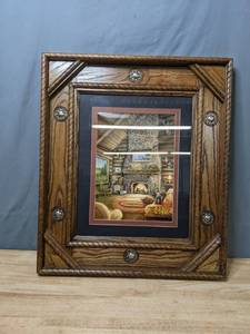 lot 102 image: Beautiful Stone Fireplace Country Christmas Wood Framed Wall Art K