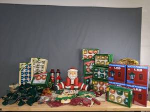 lot 226 image: Large Assortment of Holiday Decor - Balls, Crafts, Garlands, Solar Powered LED Snowman Lanterns, and more H