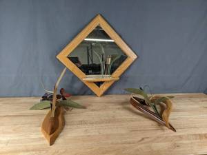 lot 227 image: Rustic Wood Framed Diamond Mirror with Shelf and (2) Beautiful Pieces of Wood Floral Wall Decor H