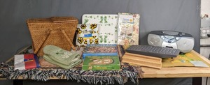 lot 216 image: Beautiful Wood Cribbage Board, High Hand Cribbage Board, (2) Peanuts Tablecloths, Oven Mitts, 3-in-1 ChessCheckersBackgammon Game, Philips CDCassette Player, and more H