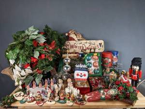 lot 221 image: Huge Assortment of Christmas Decorations Candles, Ornaments, Figurines, Wall Signs, Bows, Containers and More H