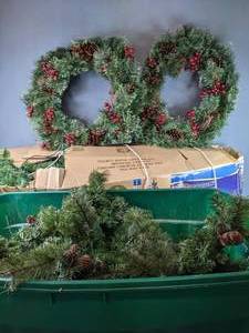 lot 219 image: 7 Prelit Douglass Fir Christmas Tree and Assorted Artificial Holiday Greenery and Wreaths H