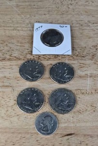 lot 93 image: One 1943 Quarter, 1999 Susan B Anthony One Dollar Coin, One 1949D Two 1959D and One 1961 Franklin Half Dollar Coins  K