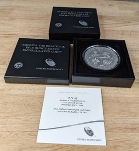 lot 12 image: US Mint 2019 America the Beautiful 5oz. Silver Uncirculated Coin San Antonio Missions National Historical Park-Texas  K