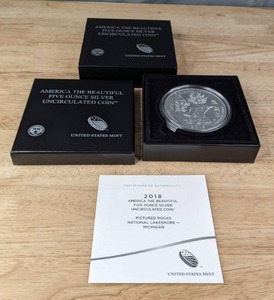 lot 10 image: US Mint 2018 America the Beautiful 5oz. Silver Uncirculated Coin Pictured Rocks National Lakeshore-Michigan  K