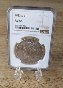 lot 8 image: 1923-S Silver Peace Dollar Coin NGC AU55  K