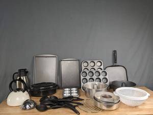 lot 264 image: Cooking Utensils, Roasting Pan, Tea Kettle, Cookie Sheets, Muffin Pans, Plastic Colliander and More  M