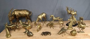 lot 265 image: A Collection of Gold Colored Animal Figurines Including Fish, Crab, Giraffe Heads, Rocking Horse and Birds  M