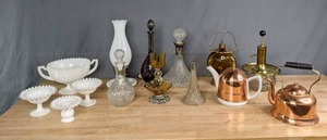 lot 267 image: Set of Milk Glass Dishes and Lamp, Various Glass Decanters, Teapot, Pump Dispenser Decanter, Lantern Decanter and More   M