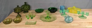 lot 251 image: Green Moon and Stars Covered Candy Dish, Green Glass Serving Bowls, Glass Last Supper Tray, Green Shot Glasses, Green 3 Candle Holder, Yellow Covered Dish and More M