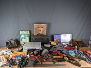 lot 285 image: Large Assortment of ToolsHardware - Drill Bits, Wrenches, Staple Gun, Counter Balance, Craftsman Kromedge Dado Set, Adjustable Circle Cutter, and more M