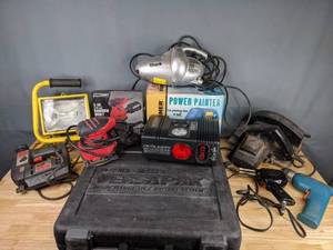 lot 286 image: Massair 250 PSI 12V Air Compressor, Tool Shop 5 Random Orbital Sander, Black & Decker VersaPak Interchangable Battery System, Skil Jig Saw 13 HP, and more M