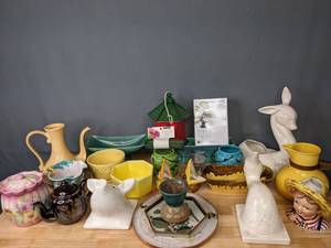 lot 271 image: A Variety of Different Planters, Bird House, Bonsai Trio Kit, Pink Floral Canister, Pitchers and More  M
