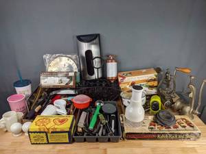 lot 274 image: Meat Grinders, Kabob Rack and Skewers, Kitchen Utensils, Camp Stove Toaster, Chopper, Knife Sharpener, Apple Master and More  M