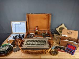 lot 282 image: Fantastic Collection of Vintage Trinkets and Wood Storage Boxes (Tasco Deluxe High-Quality Microscope, Matchbox Cars, Brass Figurines, Mini Cast Iron, Baoding Balls, Ash Trays, and more) M
