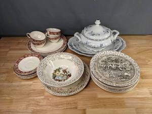 lot 245 image: Assortment of 30 China Pieces Plates, Serving Bowl, Punch Glasses, Serving Dish with Lid, Platters M