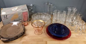 lot 249 image: Set of 46 Piece Glass Plates, Bowls, Drinking Glasses, Wheaton Fine Glass 16 Oz. Coolers, Crystal Serving Tray, Glass Pitcher, Glass Vase and More M