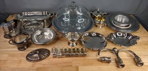 lot 250 image: Vintage Silver Scalloped Edge Trays, Pewter Silver Bottle Holder, The Great American Revolution Pewter Plate, Serving Trays with Handles, Tea Implements and More M