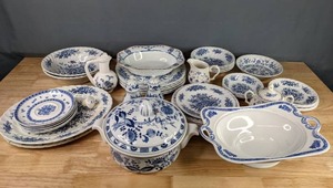 lot 241 image: Set of 39 Blue & White China Plates and Serving Dishes by John Maddock & Sons, Broadmoor Enoch Woods & Sons Woods Ware England, Beacon Hill by British Anchor Staffordshire, Myott Finlandia Fine Staffordshire Ware, and Arabia M