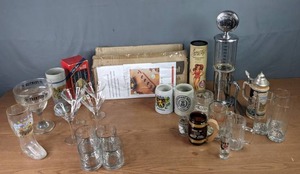 lot 257 image: Vintage Godinger Fill Er Up Liquor Pump, Old Spice Aftershave Ships Telegraph Decanter, Martini Glasses, Whiskey Glasses, Beer Mugs, Etc. M