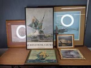 lot 275 image: A Collection of Six Framed Painted Ship Photographs Including The Junction of the Thames and The Medway, The Pagoda Anchorage by Montague Dawson and More  M