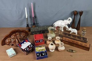 lot 252 image: Chinese Iron Balls, 101 Blessings to Brighten Your Day and Uplift Your Soul, Decorative Wood Wall Shelf, Spiral Courting Candle Holders, Pottery Vases, Glass Mushroom, Pair of White Porcelain Elephant Sculptures and More M