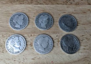 lot 37 image: Set of (6) Barber Quarter Dollar Coins 1901, 1902, 1903, 1908, 1914, & 1916 K