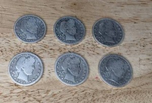 lot 36 image: Set of (6) Barber Quarter Dollar Coins 1901, 1902, 1904, 1909, 1912, & 1914 K