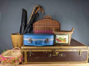lot 728 image: Woven Wicker Baskets and Storages Boxes, Walking Canes, Pool Cue Stick, Mendel Tourist Travel Trunk and More M