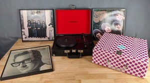 lot 730 image: Crosley Record Player, The Beatles and The Buddy Holly Story Framed Records and Decorative File Organizer Box M