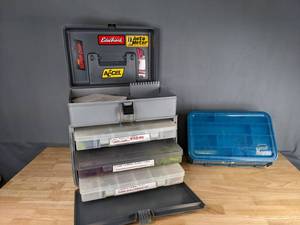 lot 721 image: Plano Stowaway Tackle Box, Plano Tackle Systems Lure Holder Box and Soft Lure Bait Worms M