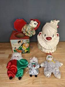 lot 709 image: (3) Clown Dolls, Clown Cookie Jar, Vintage Mother Goose Jack in the Box  M