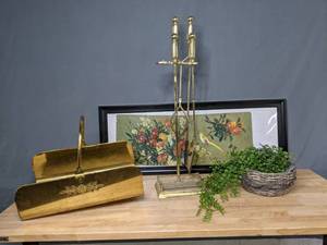 lot 454 image: Vintage Brass Fireplace Tools with Stand, Vintage Brass Log Holder, Faux Plant in Basket, Framed BirdFloral Print  E