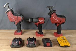lot 464 image: (2) Milwaukee Hackzall Reciprocating Saws and Milwaukee Hammer DrillDriver plus (4) Batteries E
